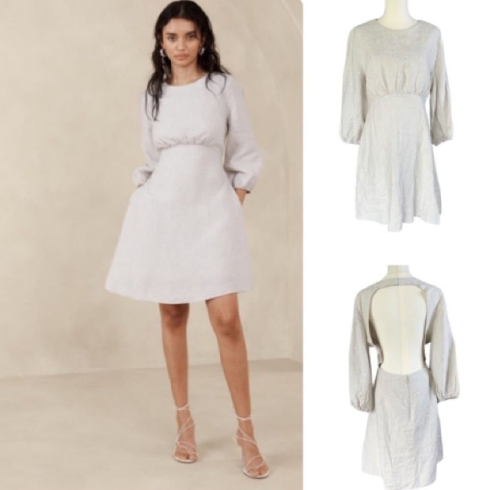 Banana Republic Linen Dress Open Back Balloon Sleeves Beige Size 14 Lined NWT